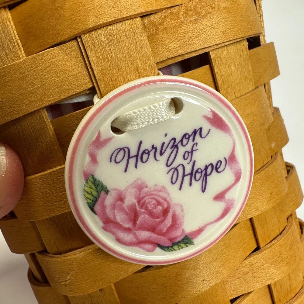 Longaberger Horizon of Hope Basket Pink Striped Liner Ceramic Rose Tie-On